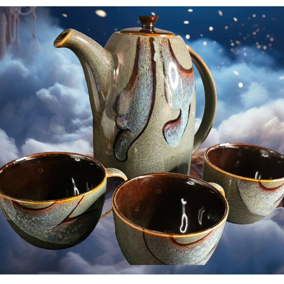 Pier 1 Teapot And Four Cups Five Piece Stoneware Tranquil Pattern Beautiful Set